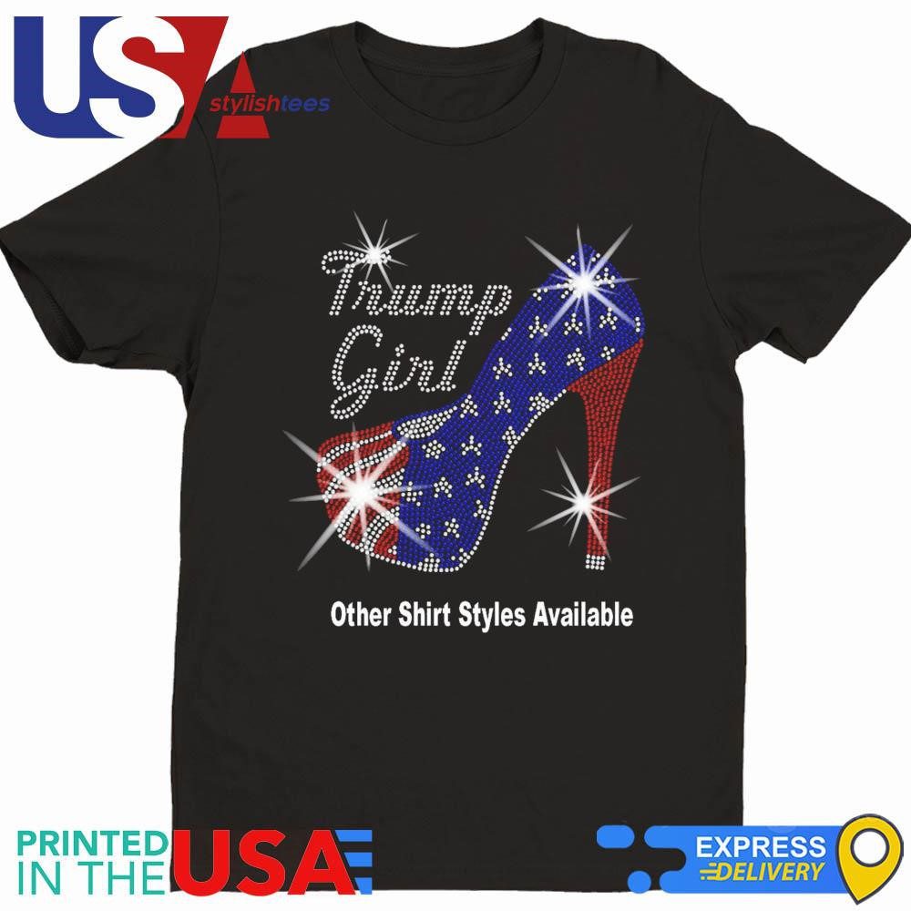 trump-girl-with-patriotic-american-flag-high-heel-stiletto-rhinestone-mega-bling-t-shirt-1 Trump Enthusiast Wearing American Flag Stiletto Rhinestone Glamour Shirt