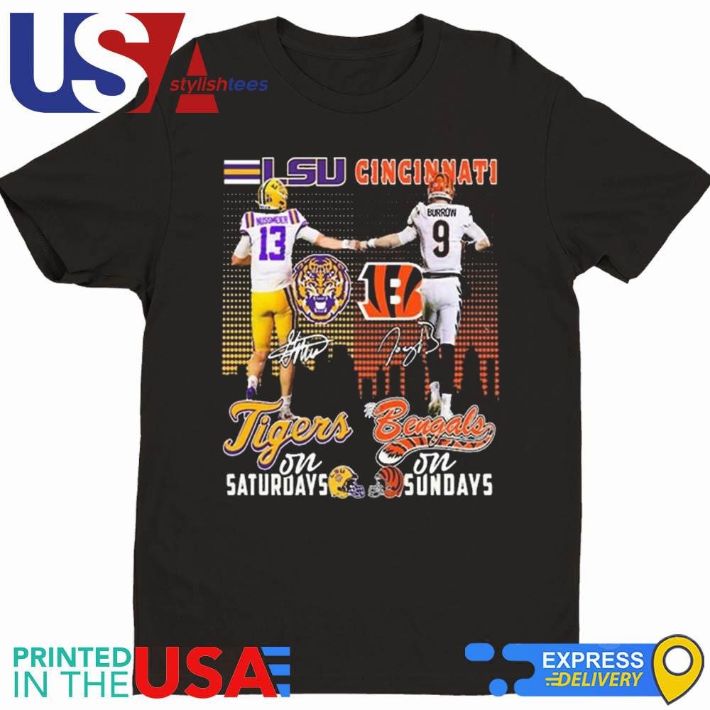 nussmeier-burrow-tigers-on-saturdays-bengals-on-sundays-shirt-1 Nussmeier Burrow Tigers On Saturdays Bengals On Sundays Tee