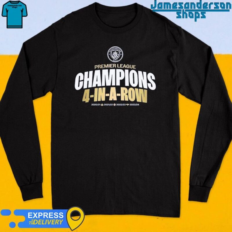 Official Manchester City FC Premier League Champions 4-In-A-Row 2023-2024 Long Sleeve