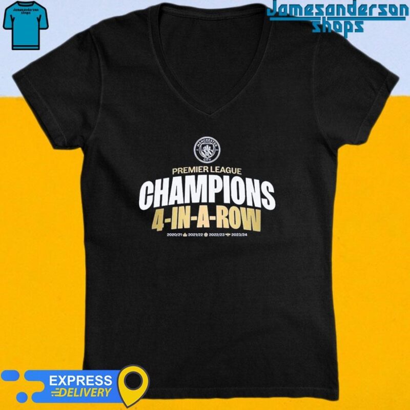 Official Manchester City FC Premier League Champions 4-In-A-Row 2023-2024 V-Neck