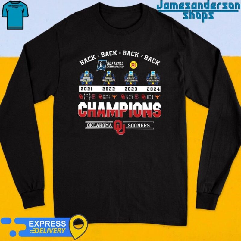 Official Oklahoma Sooners Sooner Softball Back 2 Back 2 Back 2 Back 2021-2022-2023-2024 Champions Long Sleeve