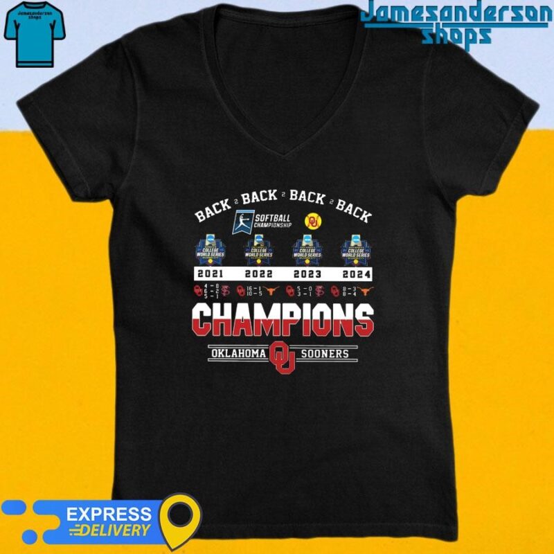 Official Oklahoma Sooners Sooner Softball Back 2 Back 2 Back 2 Back 2021-2022-2023-2024 Champions V-Neck