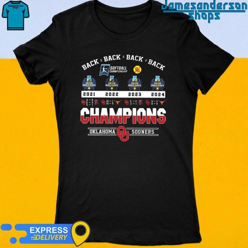 Official Oklahoma Sooners Sooner Softball Back 2 Back 2 Back 2 Back 2021-2022-2023-2024 Champions Women's t-shirt