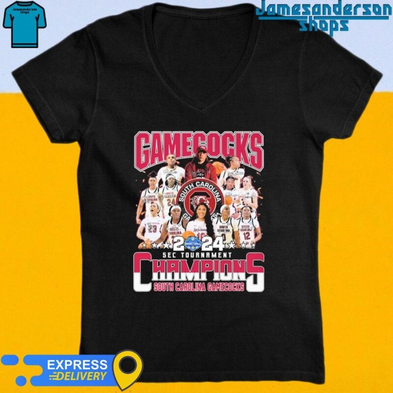 Official Gamecocks 2024 SEC Tournament Champions South Carolina Gamecocks Signatures shirt V-Neck