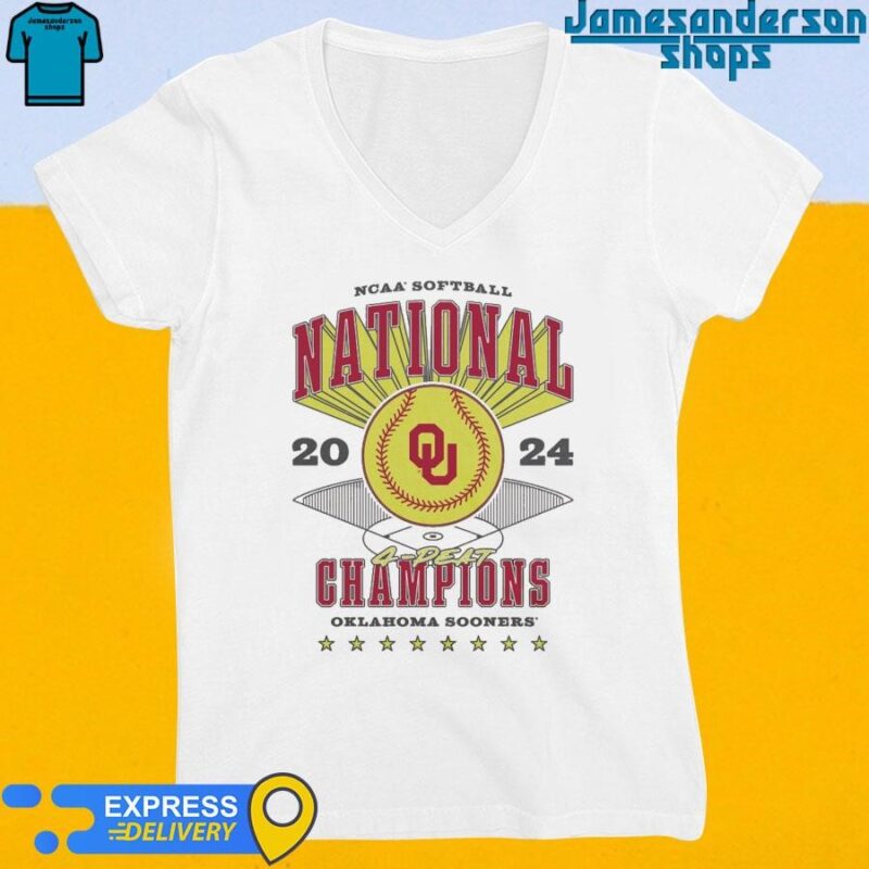 Official Oklahoma Sooners Softball 2024 4 Peat National Champions Ringer Tee V-Neck
