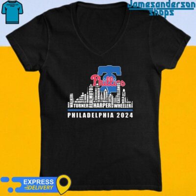 Official Philadelphia Phillies Players Name Skyline Philadelphia 2024 V-Neck