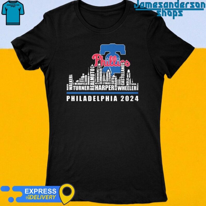Official Philadelphia Phillies Players Name Skyline Philadelphia 2024 Women's t-shirt