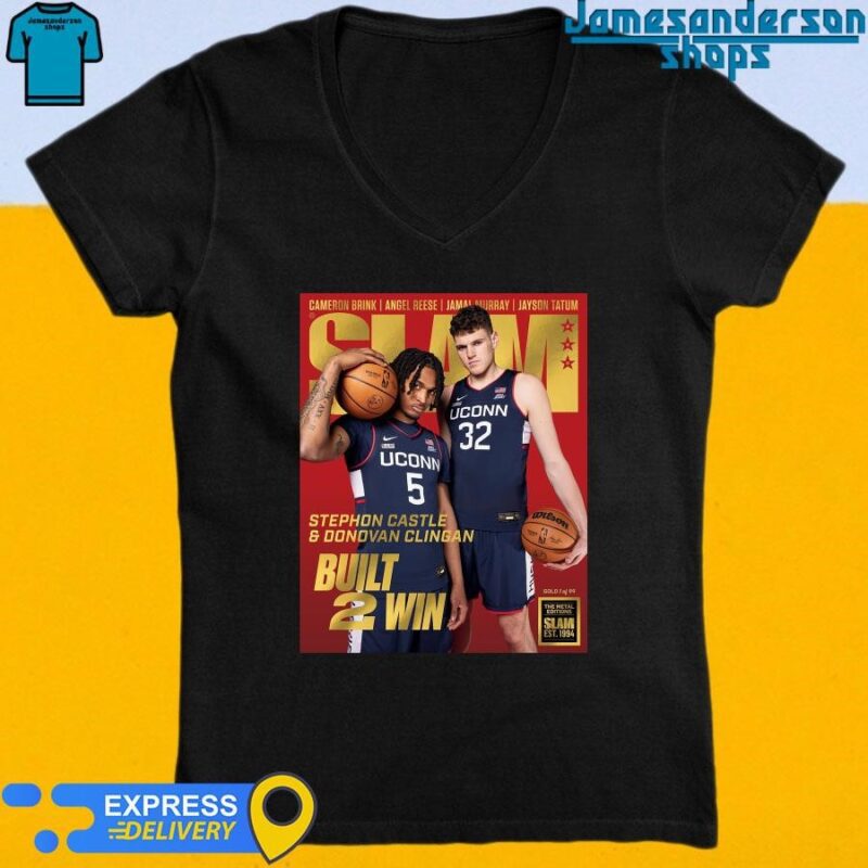 Official Donovan Clingan And Stephon Castle From UConn Huskies Built 2 Win Cover SLAM 250 Gold The Metal Editions V-Neck
