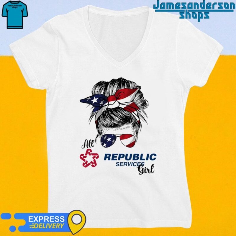 Official Messy Bun Girl All Republic Services America 2024 V-Neck