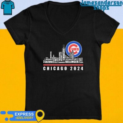 Official Chicago Cubs Players Name Skyline Chicago 2024 V-Neck
