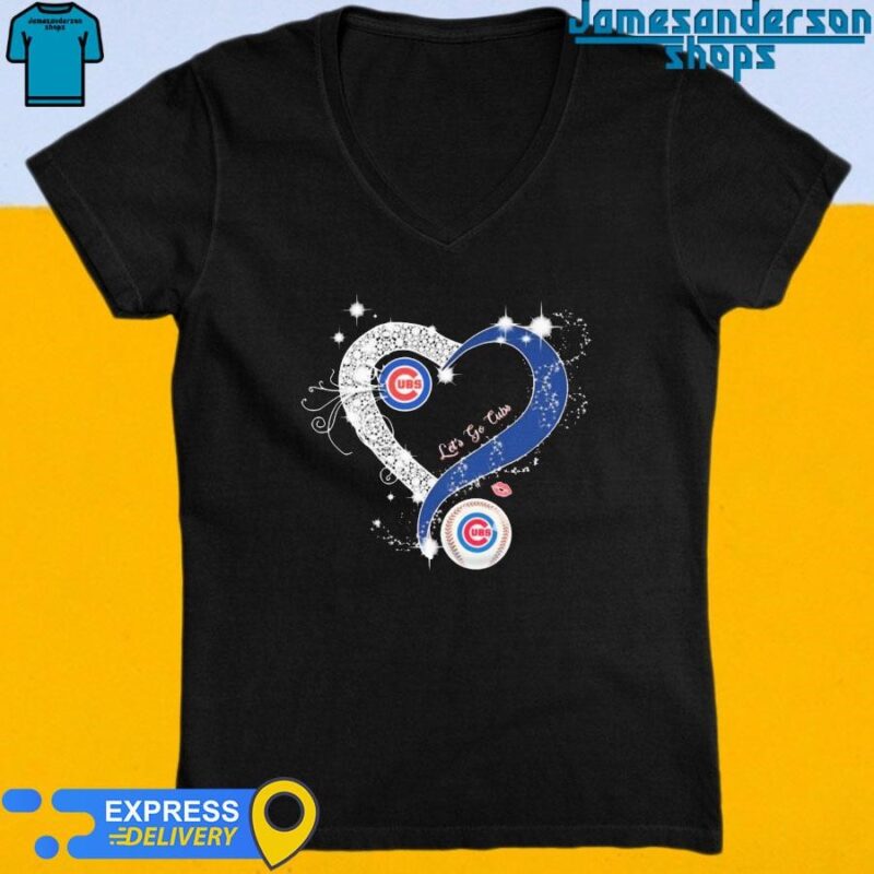 Official Chicago Cubs Let's Go Cubs Heart Diamonds V-Neck
