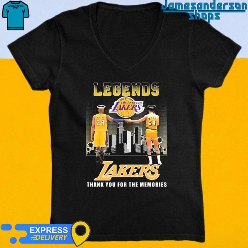 Official Los Angeles Lakers Legends Kobe Bryant Jerry West Thank You For The Memories Signatures V-Neck