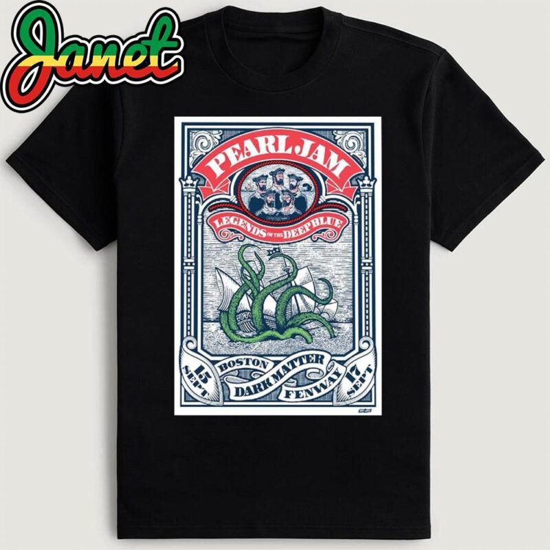 Pearl Jam Event Poster For Boston MA At Fenway Park On September 15 And 17 2024 Legends Of The Deep Blue Sailors Versus Kraken Artwork By Ames Bros Shirt