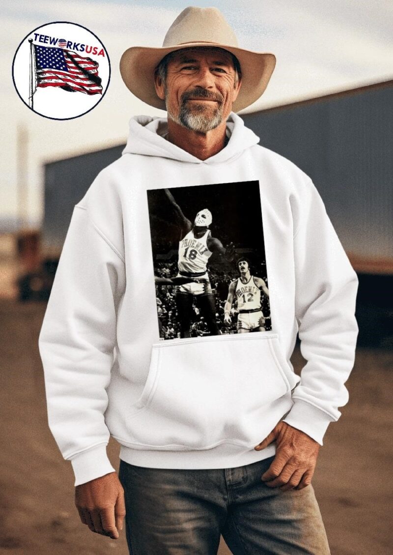 Phoenix Suns Curtis Perry 18 wearing a hockey mask and Pat Riley trailing photo hoodie