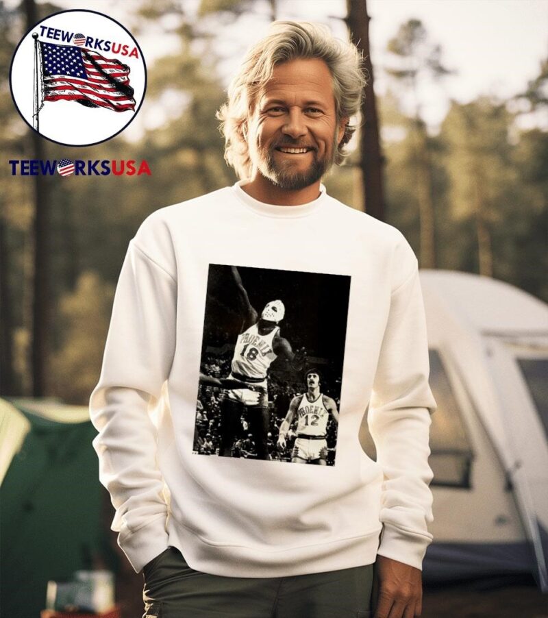 Phoenix Suns Curtis Perry 18 wearing a hockey mask and Pat Riley trailing photo sweater
