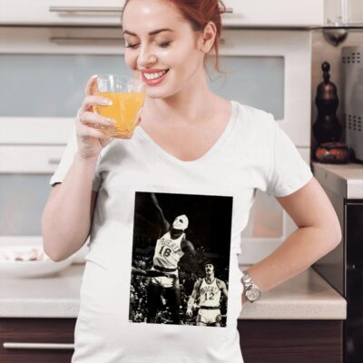 Phoenix Suns Curtis Perry 18 wearing a hockey mask and Pat Riley trailing photo women-t-shirt