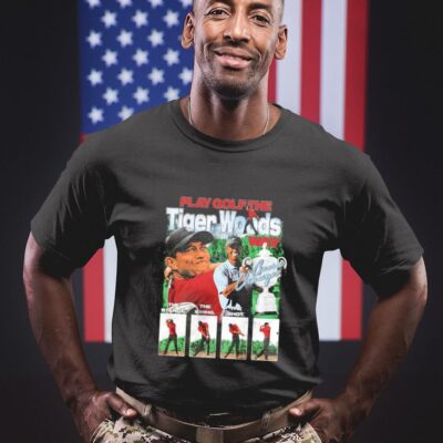 Play golf the Tiger Woods the stance the swing the shot shirt