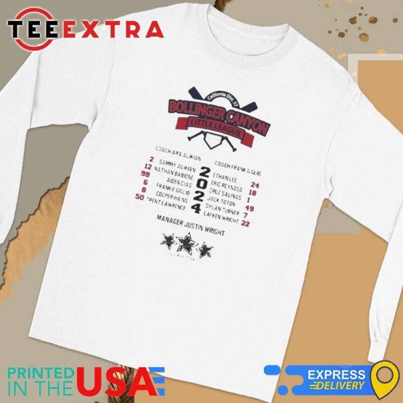 Official California District 57 Bollinger Canyon Little League Manager Justin Wright Long Sleeve Tee