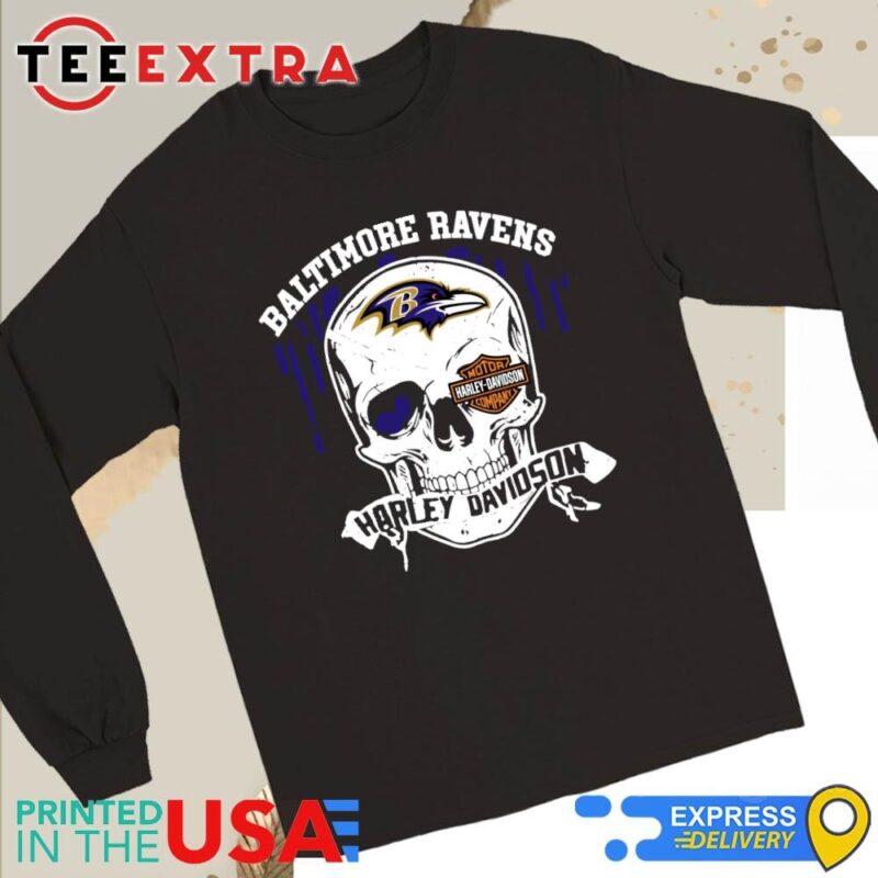 Official Original Baltimore Ravens Harley Davidson Skull Halloween 2024 Long Sleeve Tee