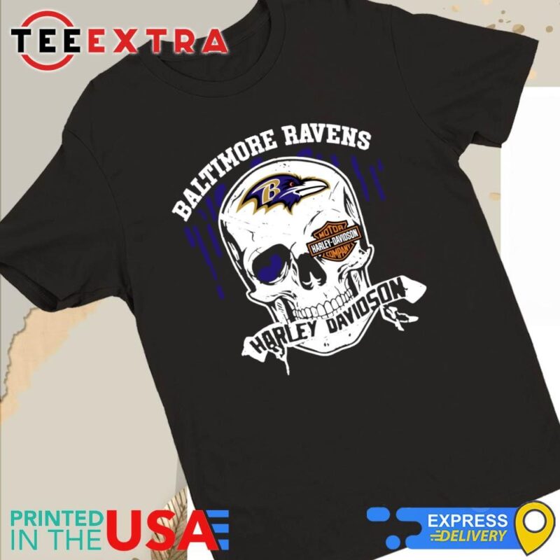 Official Original Baltimore Ravens Harley Davidson Skull Halloween 2024 Women Tee
