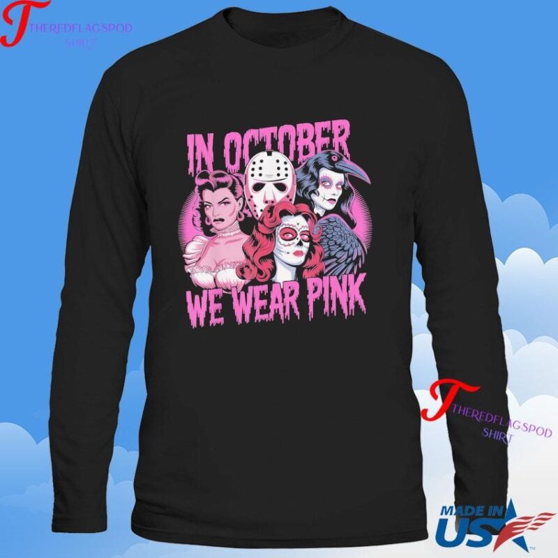 Official In October We Wear Pink Horror Breast Cancer Awareness Women Horror Characters Sweatshirt