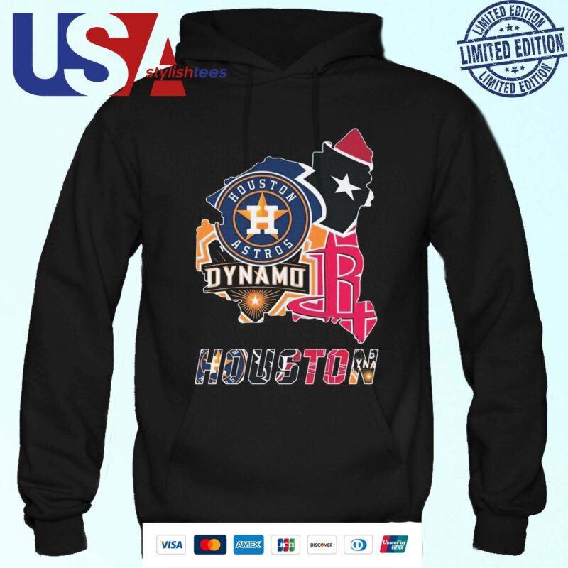 Official Houston Astros Houston Texans Houston Dynamo FC Houston Rockets Logo Maps Hoodie