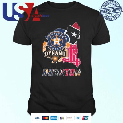 Official Houston Astros Houston Texans Houston Dynamo FC Houston Rockets Logo Maps T-shirt