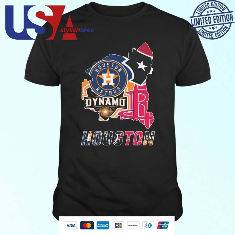 Official Houston Astros Houston Texans Houston Dynamo FC Houston Rockets Logo Maps T-shirt