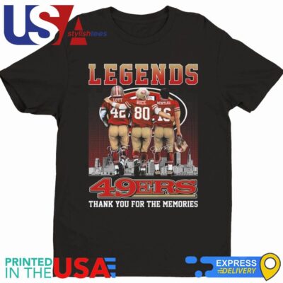 San Francisco 49ers The Legends Joe Montana Jerry Rice Ronnie Lott Skyline Signatures Shirt