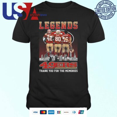 San Francisco 49ers The Legends Joe Montana Jerry Rice Ronnie Lott Skyline Signatures T-shirt