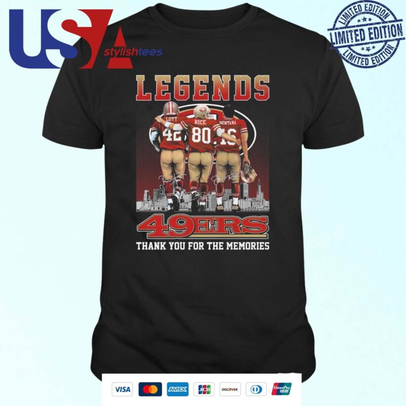 San Francisco 49ers The Legends Joe Montana Jerry Rice Ronnie Lott Skyline Signatures T-shirt
