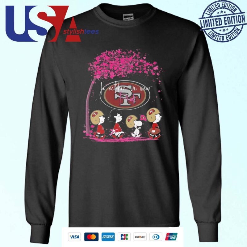 Peanuts Characters San Francisco 49ers In October We Wear Pink 2024 Sweater