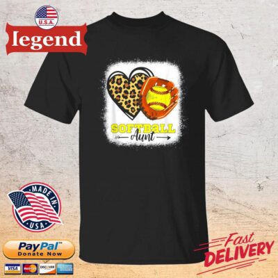 Softball Aunt Bleached Leopard Heart Glove Softball Auntie Shirt