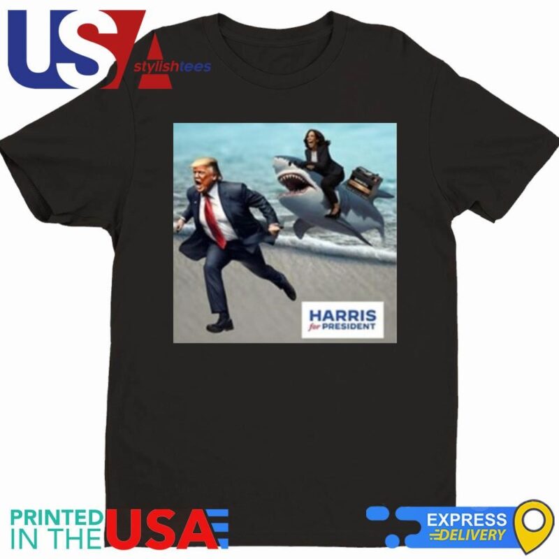 Political Poet Donald Trump And Kamala Harris Riding A Shark Shirt