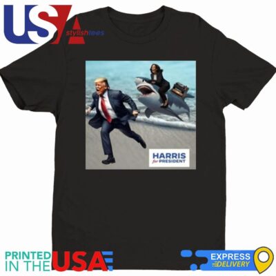 Political Poet Donald Trump And Kamala Harris Riding A Shark Shirt