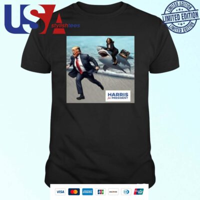 Political Poet Donald Trump And Kamala Harris Riding A Shark T-shirt