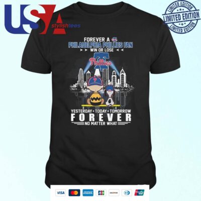 Philadelphia Phillies Snoopy And Charlie Brown Skyline Fan Forever Night View T-shirt