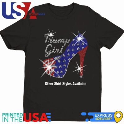 Trump Girl With Patriotic American Flag High Heel Stiletto Rhinestone Mega Bling Shirt