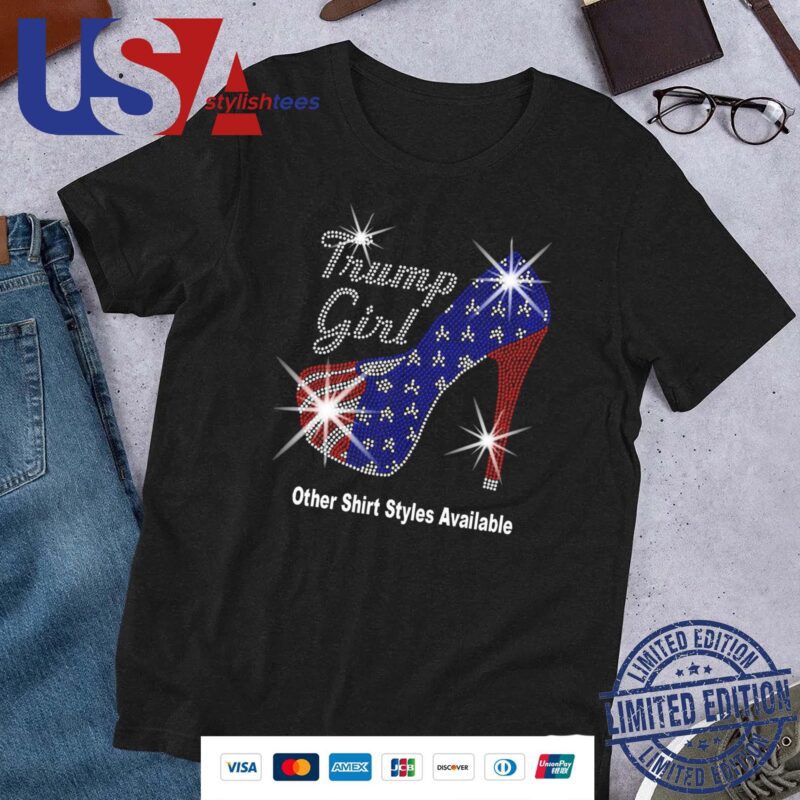 Trump Girl With Patriotic American Flag High Heel Stiletto Rhinestone Mega Bling Shirt