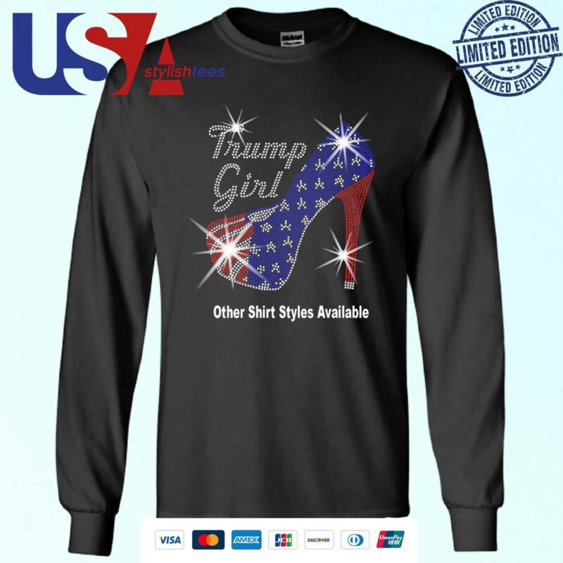 Trump Girl With Patriotic American Flag High Heel Stiletto Rhinestone Mega Bling Sweater