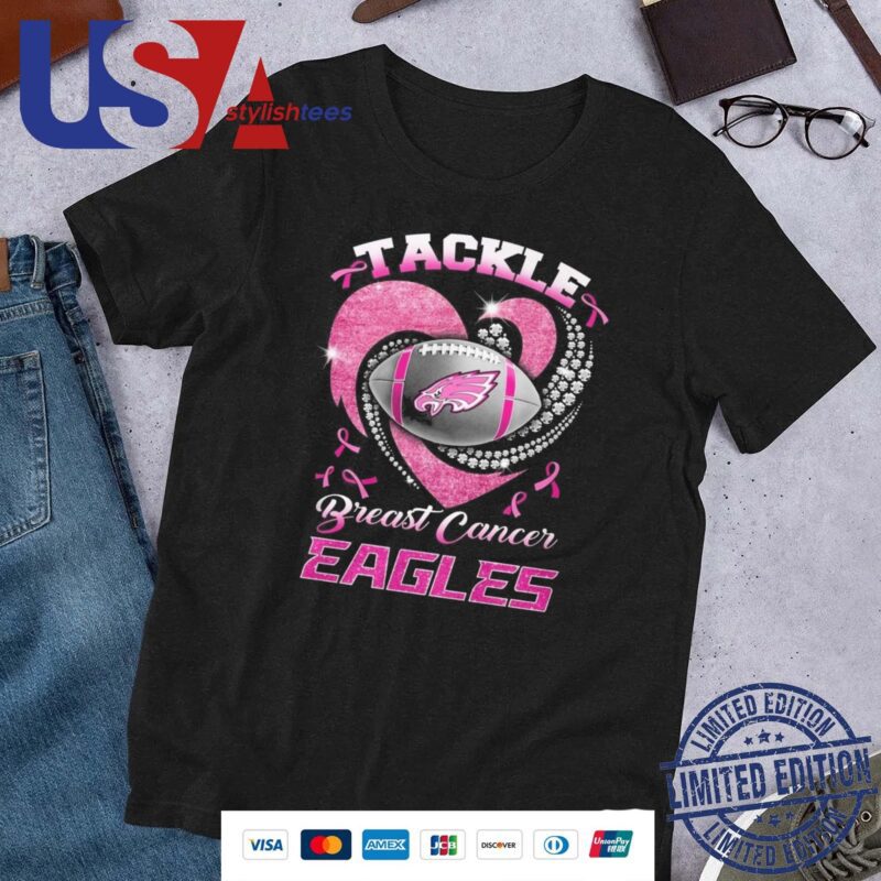 Official Philadelphia Eagles Team Football Tackle Breast Cancer Pink Heart 2024 Shirt