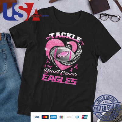 Official Philadelphia Eagles Team Football Tackle Breast Cancer Pink Heart 2024 Shirt