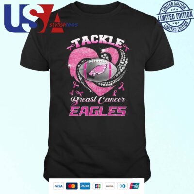 Official Philadelphia Eagles Team Football Tackle Breast Cancer Pink Heart 2024 T-shirt