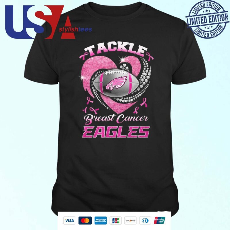 Official Philadelphia Eagles Team Football Tackle Breast Cancer Pink Heart 2024 T-shirt