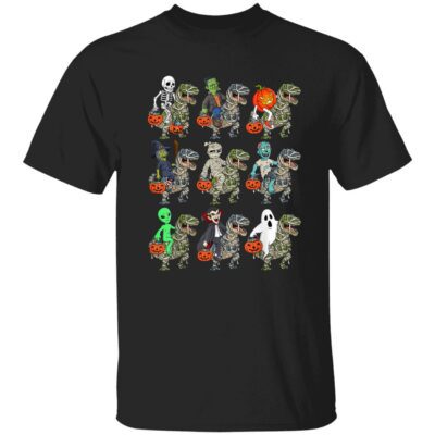 Skeleton Zombie Pumpkin Riding T-Rex Halloween Shirt