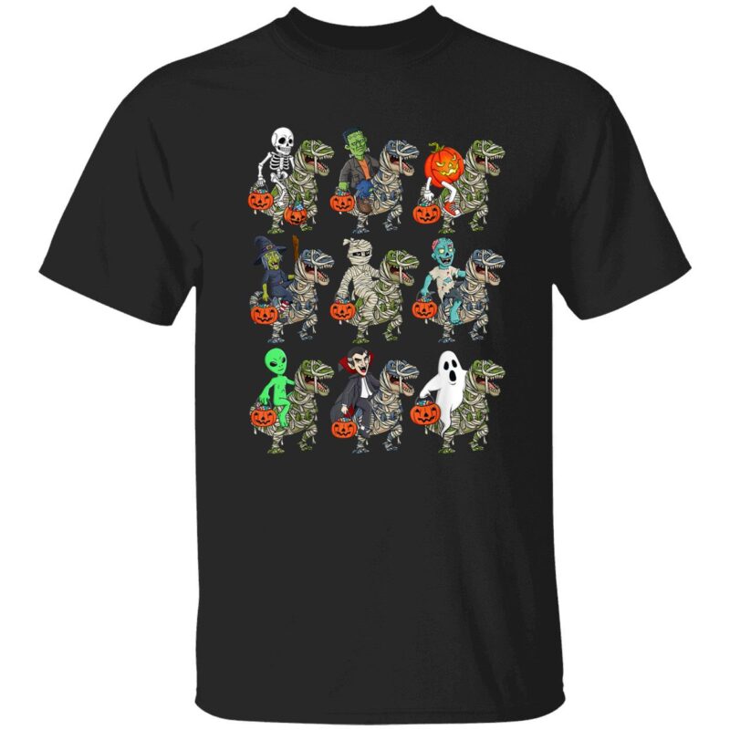 Skeleton Zombie Pumpkin Riding T-Rex Halloween Shirt